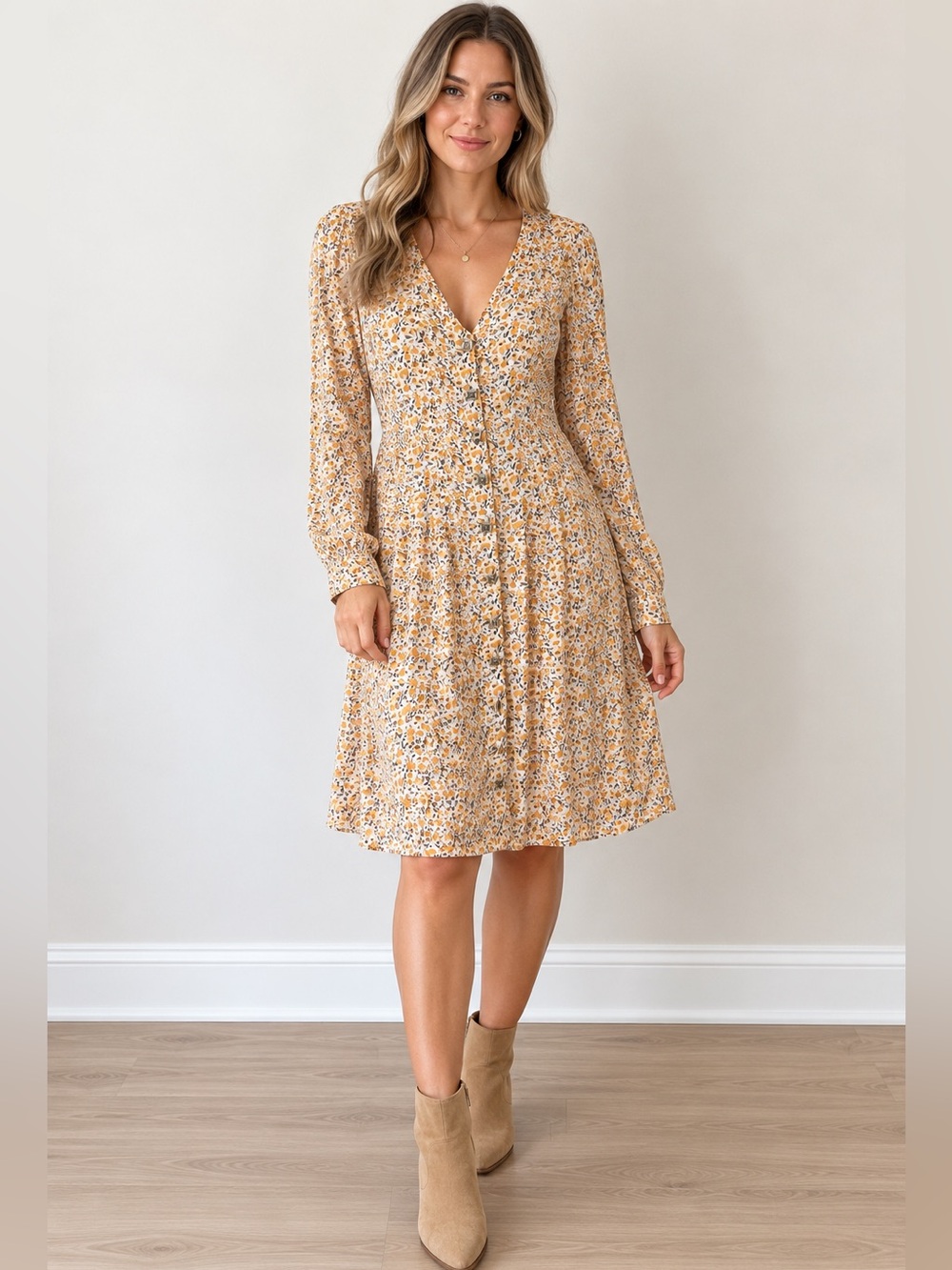 agnes b. Paris Floral V Dress 100% Viscose Long Sleeve Size Small/ 38